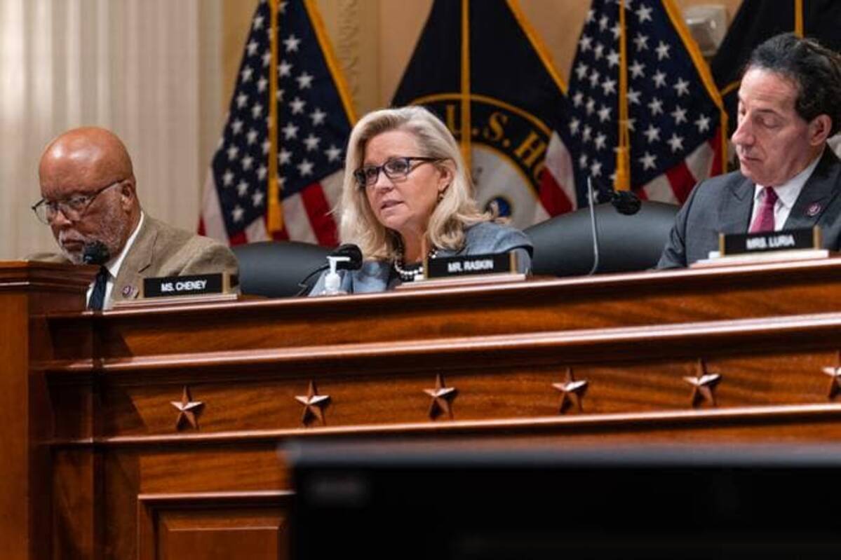 Rep. Liz Cheney (R-Wyo.), center, speaks during a business meeting of the House Select Committee to Investigate the January 6th Attack on the U.S. Capitol in Washington, D.C., U.S., on Monday, March 28, 2022. (Eric Lee/Bloomberg)