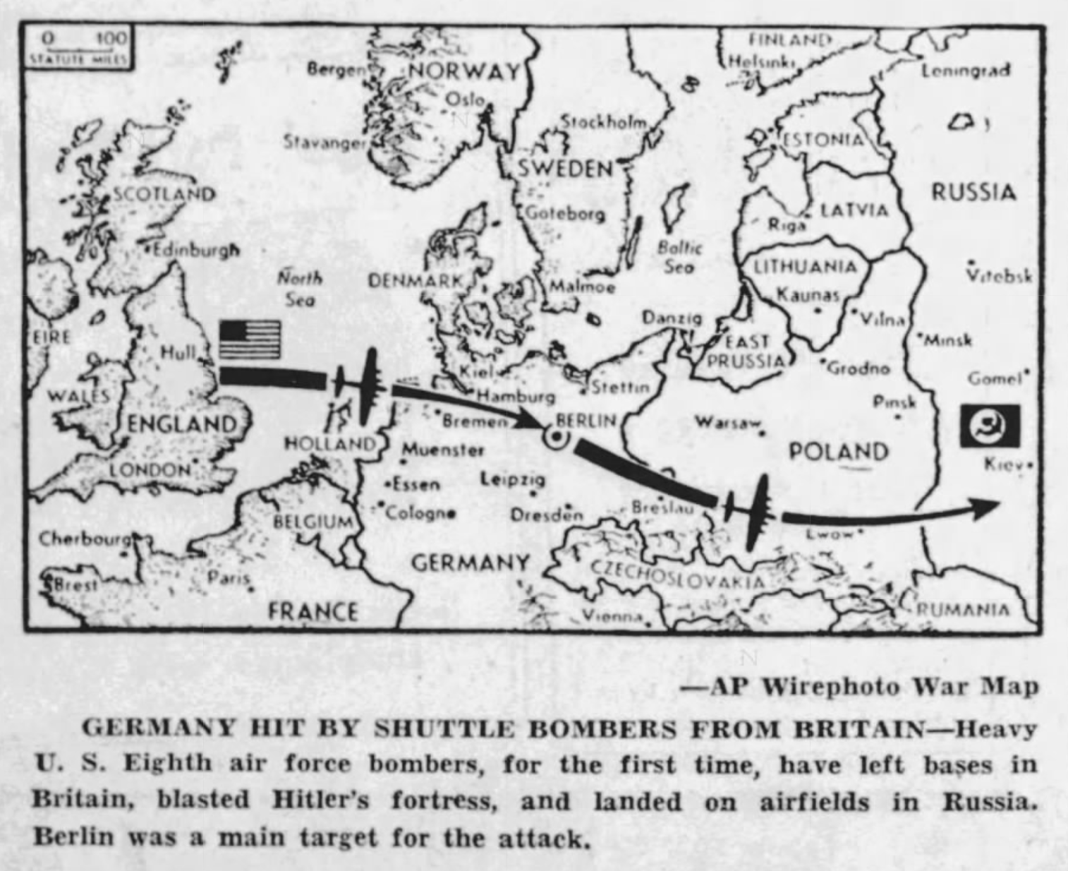 Associated Press map shown in the Tampa Tribune, June 23, 1944. (Newspapers.com)