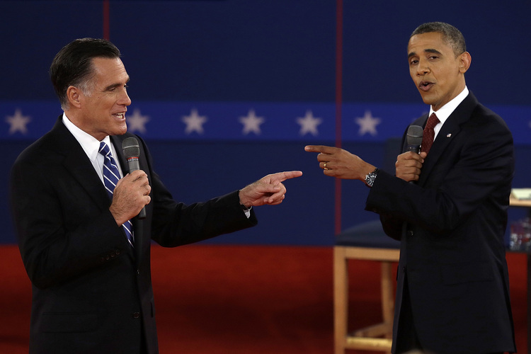 Mitt Romney and&nbsp;Barack Obama spar during the second presidential debate in Oct. 2012. That debate was&nbsp;at Hofstra University in Hempstead, N.Y., the site of the first debate in 2016. (Charlie Neibergall/AP)</p>  