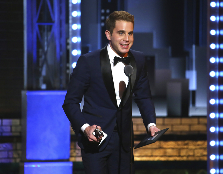 Ben Platt accepts the award for best performance by an actor in a leading role in a musical for "Dear Evan Hansen."&nbsp;(Michael Zorn/AP)</p>  