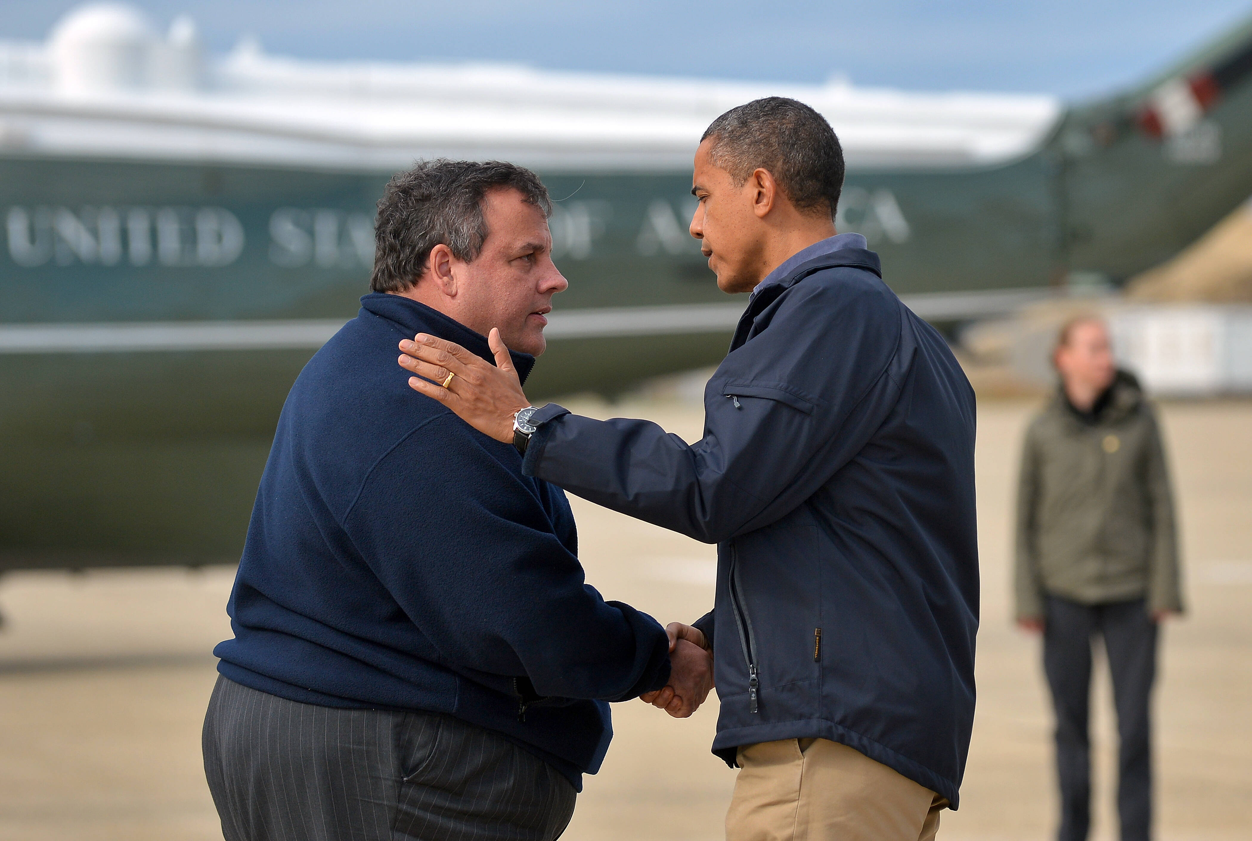 President Obama is greeted by New Jersey Gov. Chris Christie (R) in 2012 after Sandy hit. (Jewel Samad/AFP/Getty Images)