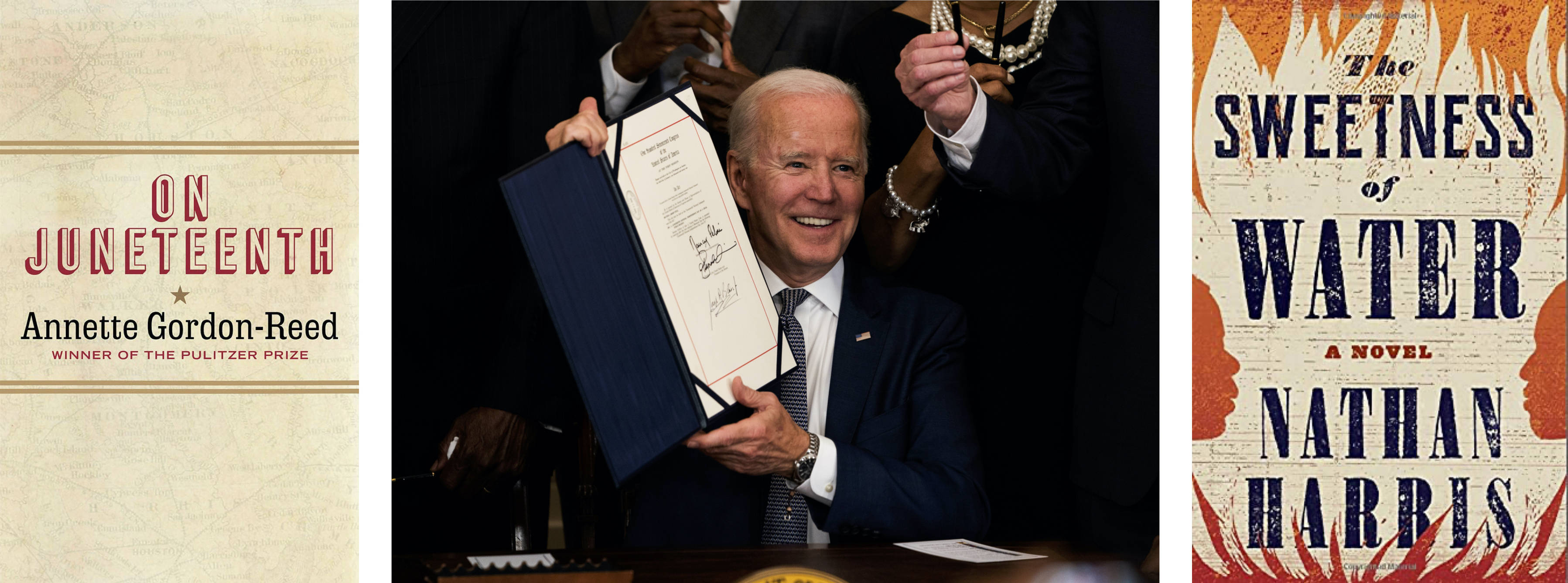 Liveright; President Joe Biden holding up the signed Juneteenth National Independence Day Act in the White House on June 17, 2021. &nbsp;(Photo by Demetrius Freeman/The Washington Post); Little, Brown