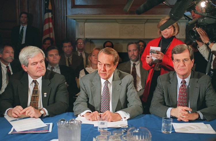 Newt Gingrich, Bob Dole&nbsp;and Trent Lott in 1996&nbsp;(AP Photo/John Duricka)</p>  
