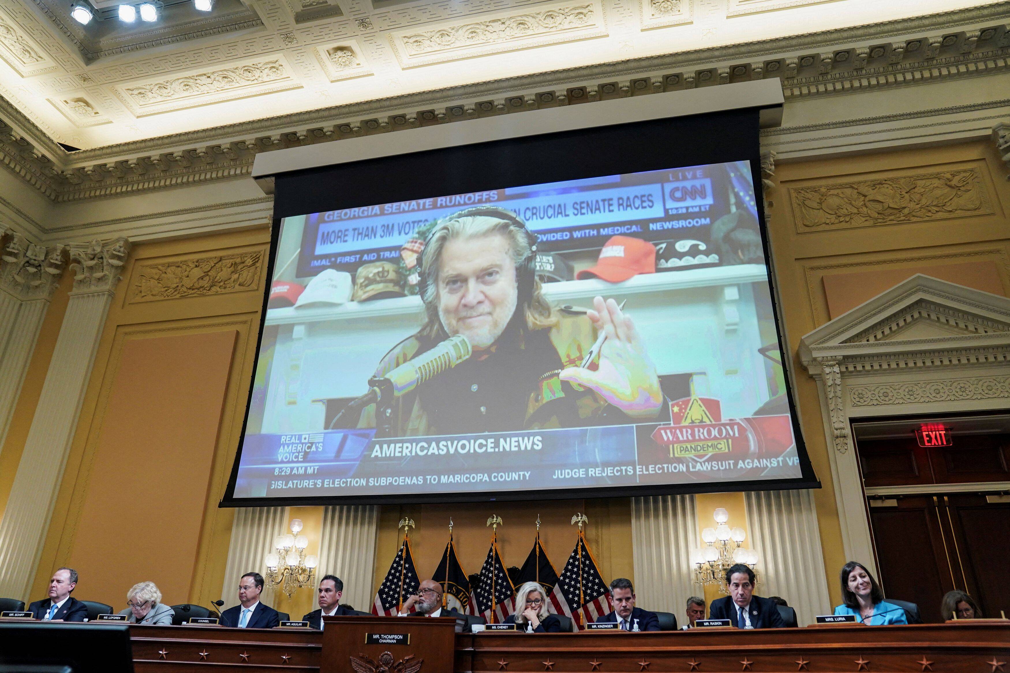The House select committee airs a video of Steve Bannon. (Sarah Silbiger/Reuters)