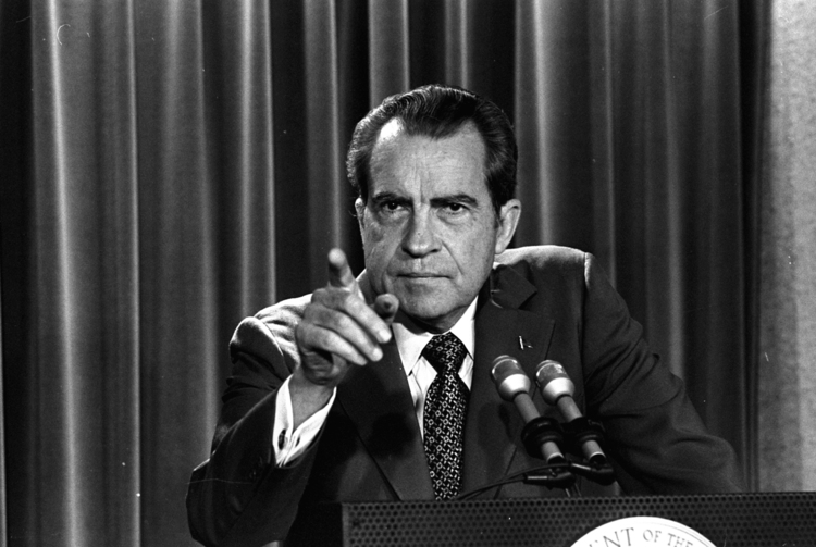 President Nixon is seen at a news conference. (Charles Tasnadi/AP)</p>  