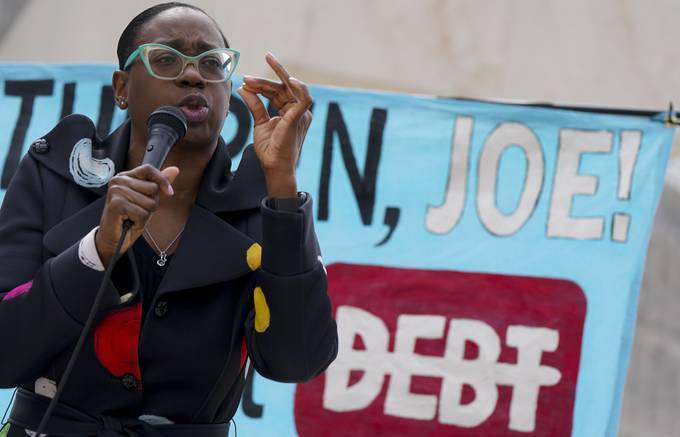Former Ohio state Sen. Nina Turner speaks to supporters of The Debt Collective near the U.S. Department of Education as they demand full student debt cancellation on April 4 in Washington. (Photo by Leigh Vogel/Getty Images for MoveOn &amp; Debt Collective)
