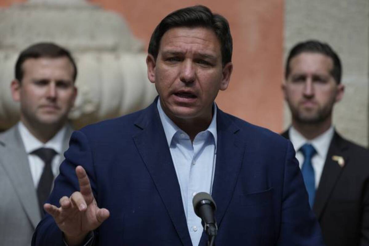 Florida Gov. Ron DeSantis (R) speaks during a news conference Tuesday at Vizcaya Museum and Gardens in Miami. (Rebecca Blackwell/AP)