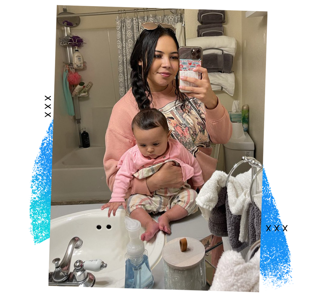 Zamorano with her daughter in July 2021 in Burlington. (Flor Zamorano; Washington Post illustration)