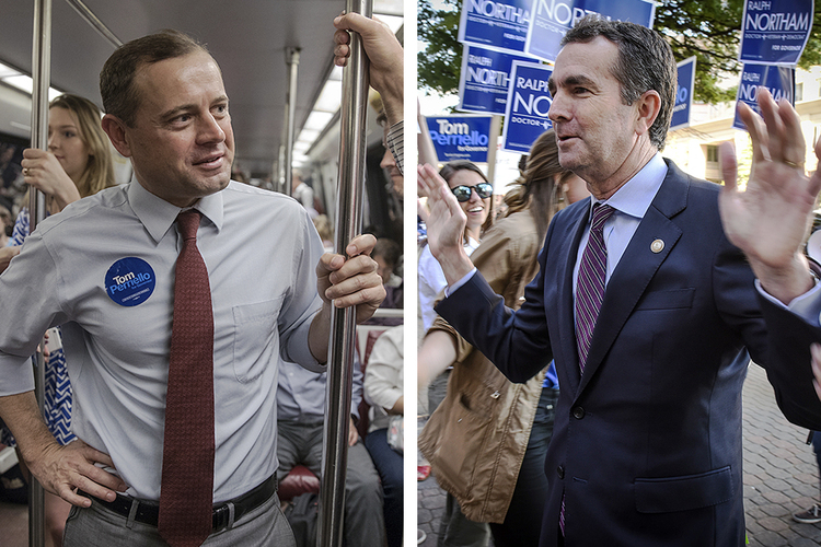 Tom Perriello (L) and Ralph Northam&nbsp;(R) campaign. (Evelyn Hockstein and Bill O'Leary/The Washington Post)</p>  