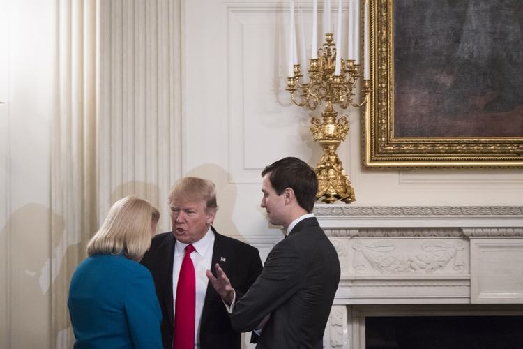 Trump talks with IBM CEO Ginny Rometty, left, and son-in-law Jared Kushner before a meeting in the State Dining Room last Friday. (Jabin Botsford/The Washington Post)</p>