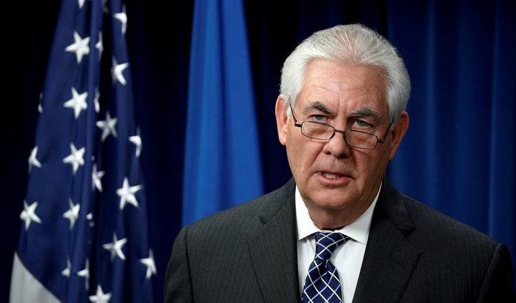 Rex Tillerson speaks to reporters at Mar-a-Lago.&nbsp;(Reuters/Kevin Lamarque)</p>  