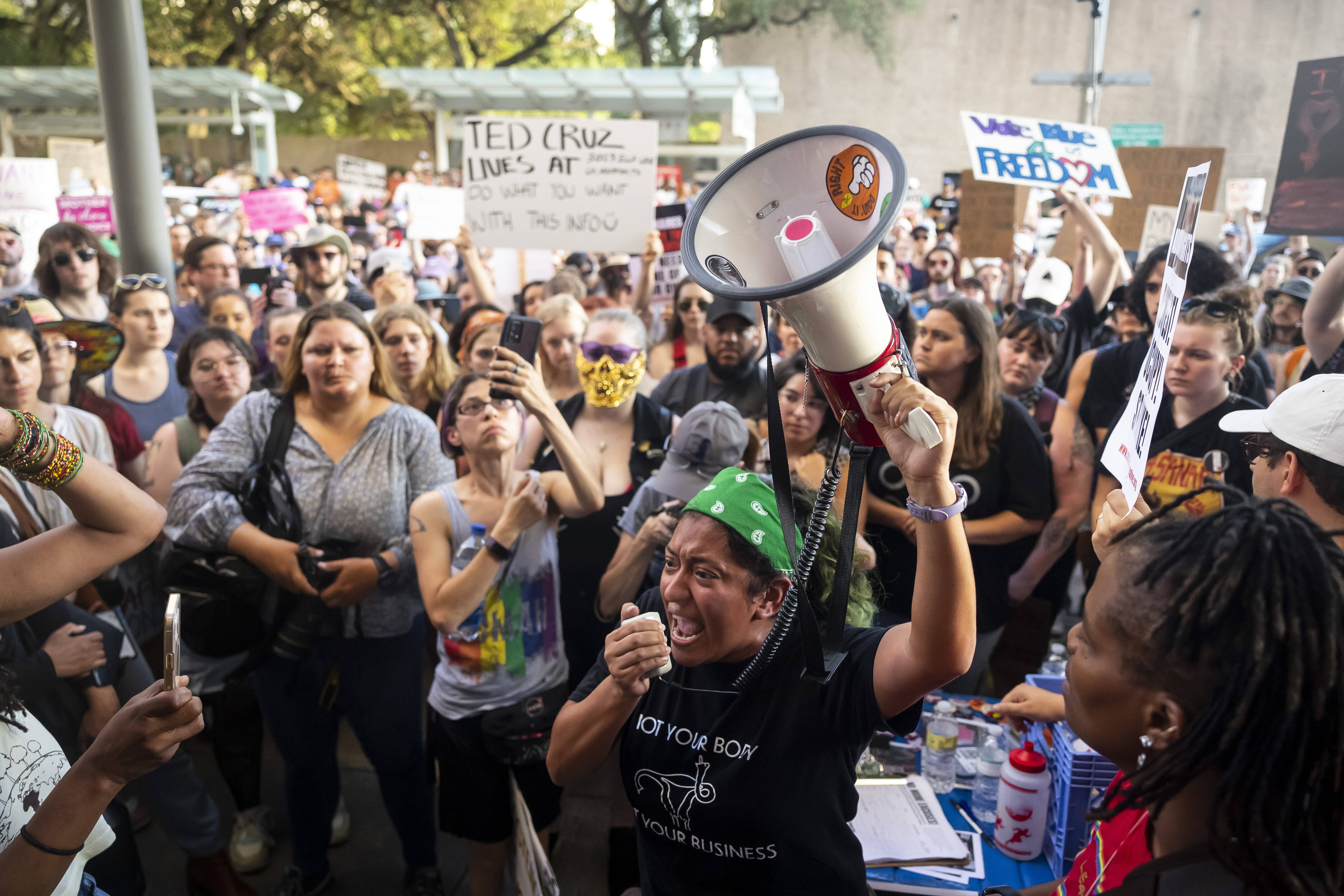 Abortion rights demonstrators in Houston on Friday. (Annie Mulligan for The Washington Post)