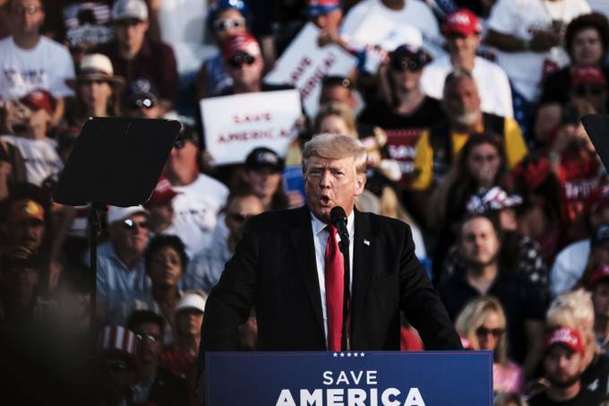 Former president Donald Trump speaks to his supporters during a rally at the Lorain County Fairgrounds in Wellington, Ohio, on June 26. (Matthew Hatcher/Bloomberg News)