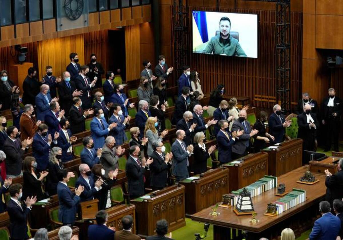 Ukrainian President Volodymyr Zelensky virtually addresses the Canadian Parliament in Ottawa on Tuesday. (Photo by JUSTIN TANG/POOL/AFP via Getty Images)