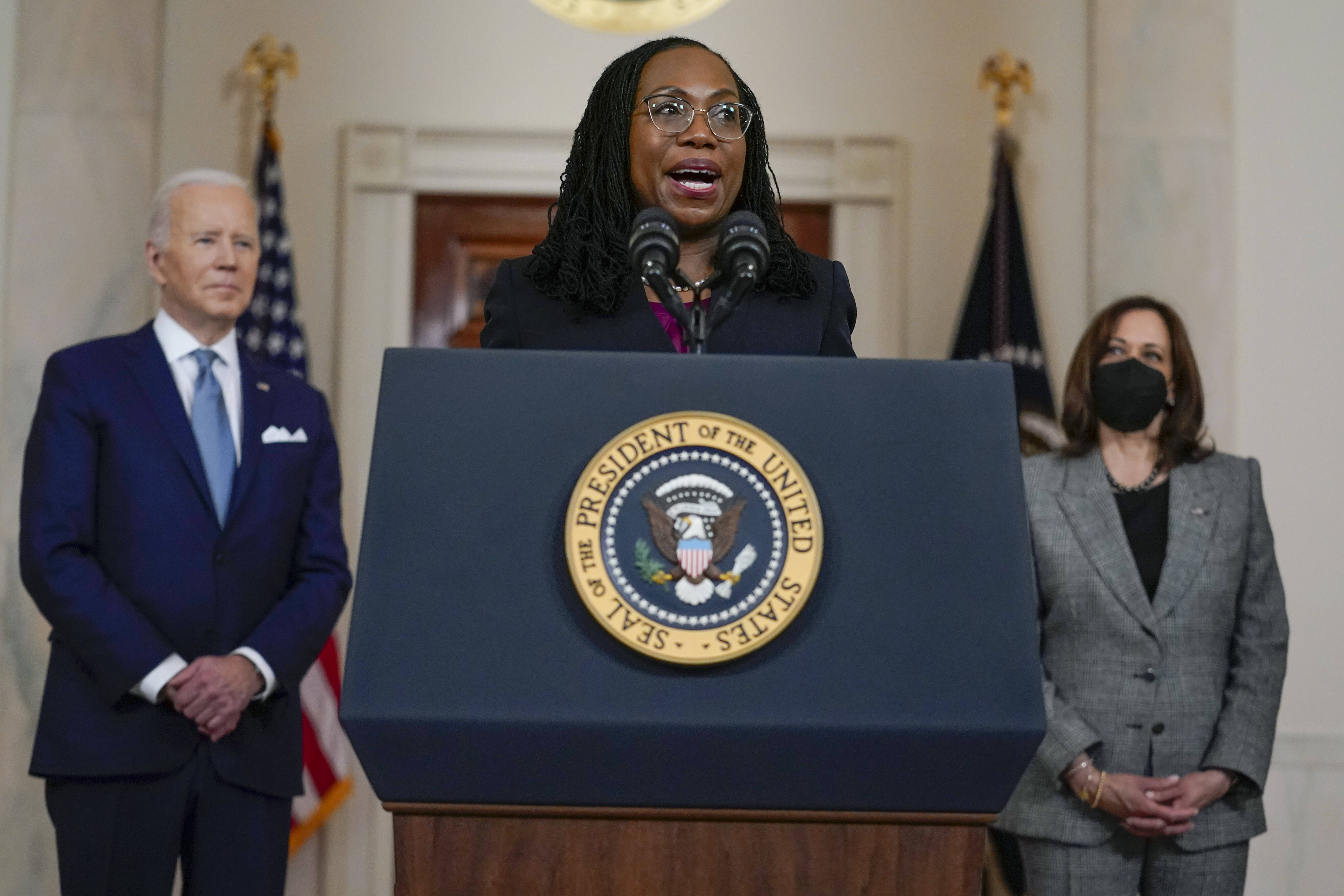 Judge Ketanji Brown Jackson speaks after President Biden nominated her to the Supreme Court on Friday. (Carolyn Kaster/AP)