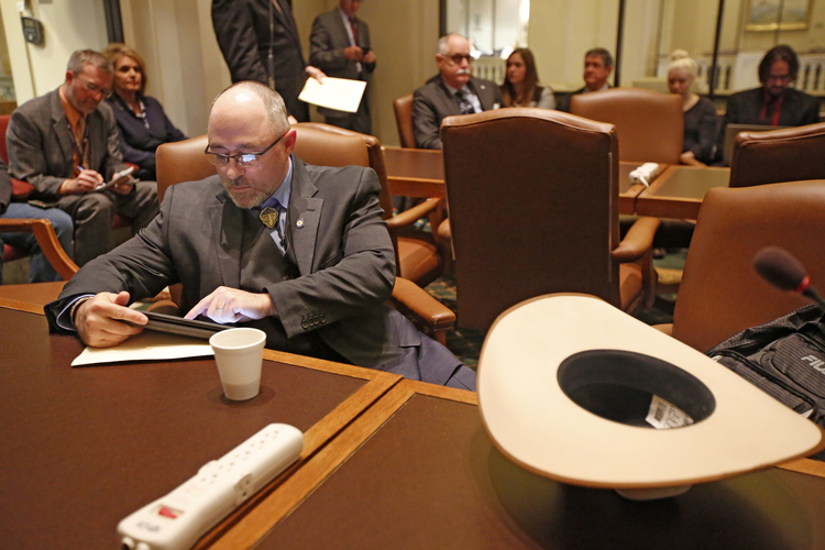 Oklahoma State Rep. Justin Humphrey prepares to speak yesterday during a committee hearing. (Steve Gooch/The Oklahoman via AP)</p>  