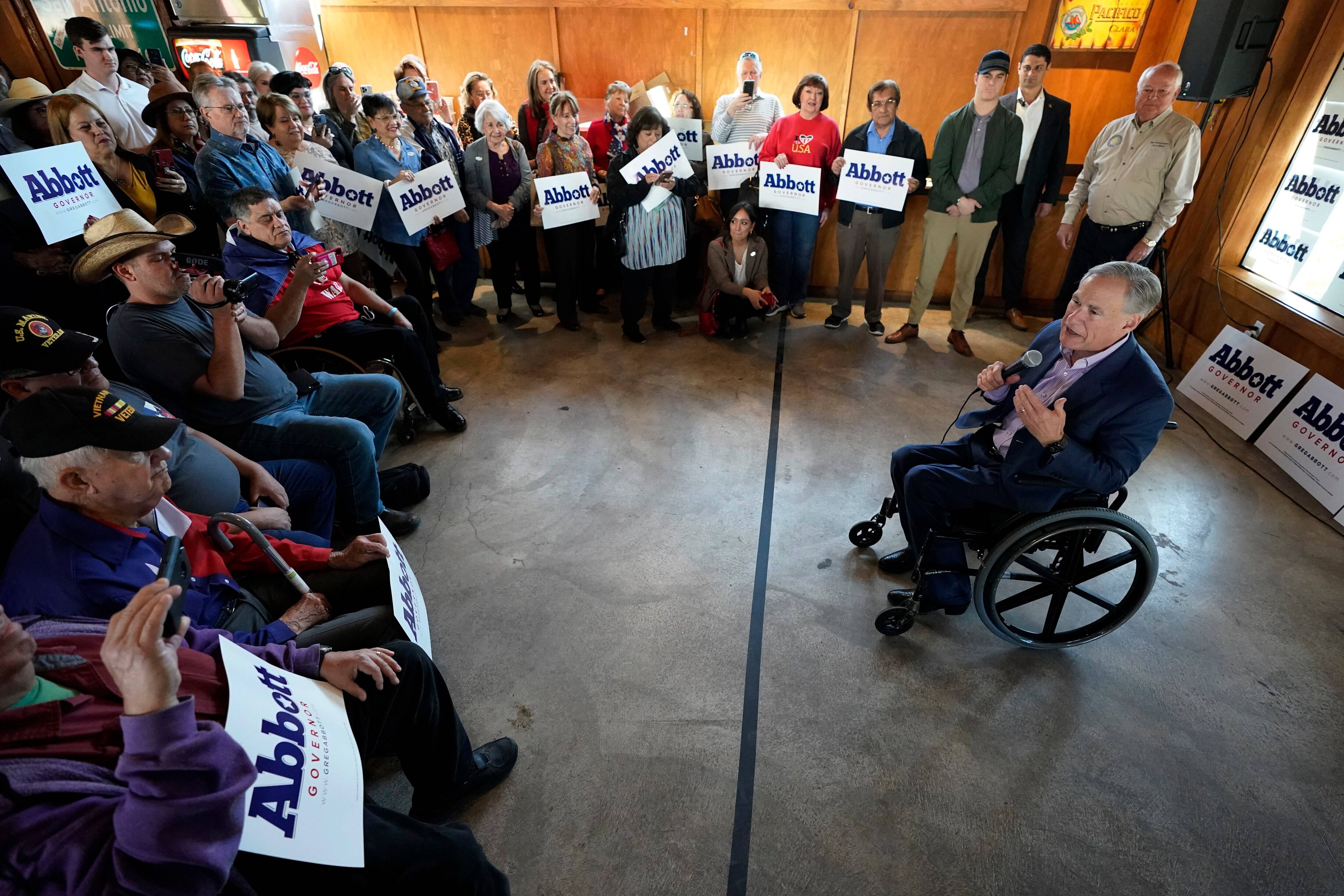 Texas Gov. Greg Abbott (R) speaks during a campaign stop in San Antonio on Feb. 17. (Eric Gay/AP)