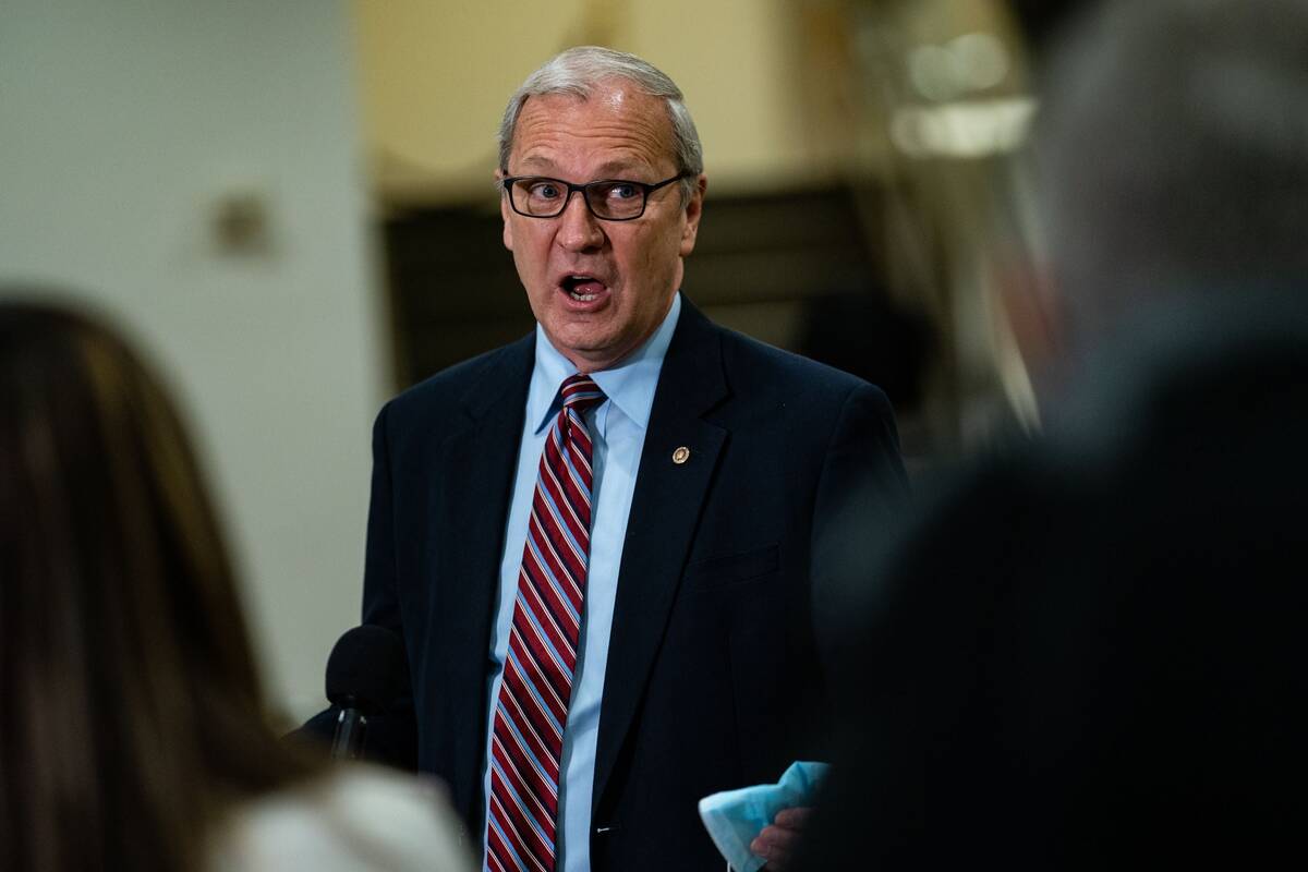 Sen. Kevin Cramer (R-N.D.) speaks with reporters last year. (Salwan Georges/The Washington Post)