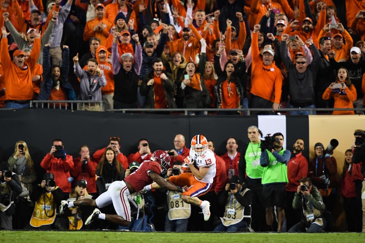 Clemson wide receiver Hunter Renfrow catches the winning touchdown in last night's College Football National Championship Game. (John David Mercer/USA Today Sports)</p>  