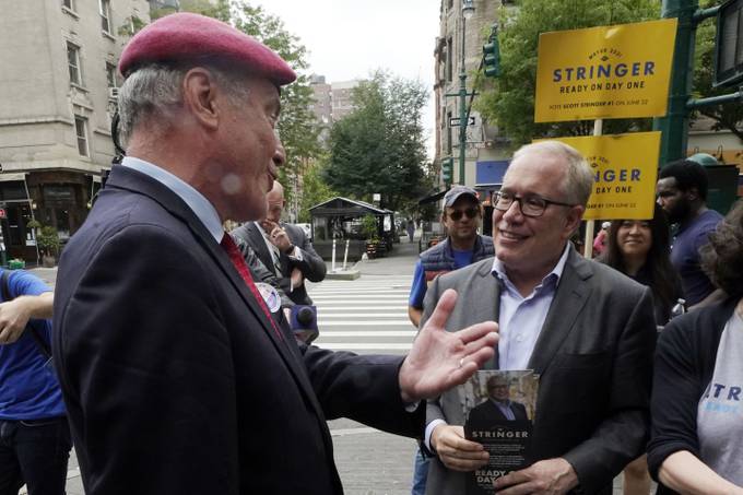 Republican candidate for New York mayor Curtis Sliwa, left, encounters Democratic mayoral candidate Scott Stringer in New York on Tuesday. (Richard Drew/AP)