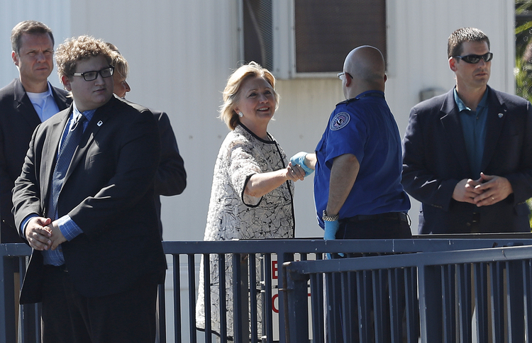 Hillary lands at the&nbsp;Provincetown Municipal Airport in Massachusetts&nbsp;Sunday for a fundraiser.&nbsp;(Carolyn Kaster/AP)</p>  