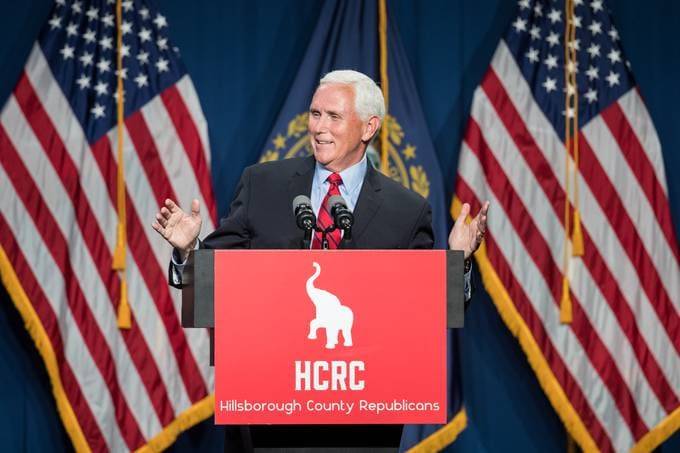 Former Vice President Mike Pence addresses the GOP Lincoln-Reagan Dinner last night in Manchester, New Hampshire. (Photo by Scott Eisen/Getty Images)