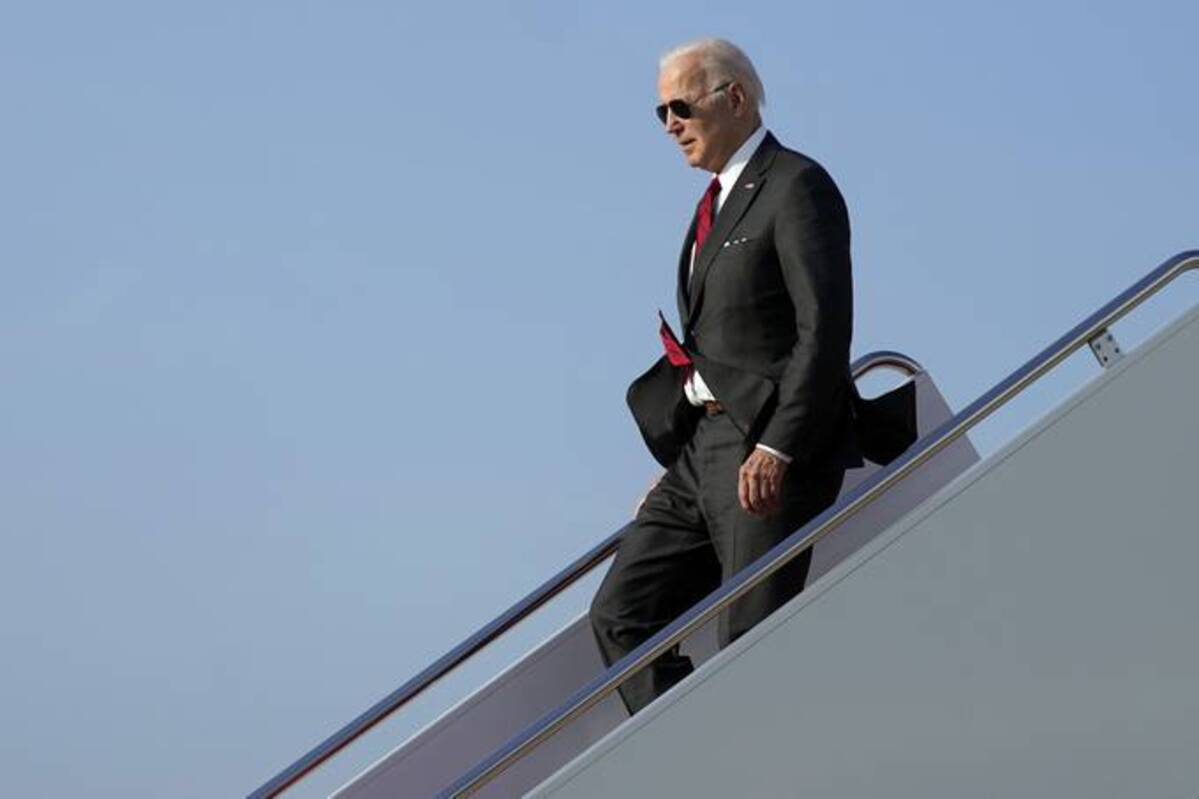 President Biden arrives at Andrews Air Force Base, Md., after visiting a Lockheed Martin Pike County Operations facility in Alabama where they manufacture Javelin antitank missiles on Tuesday. (Evan Vucci/AP)