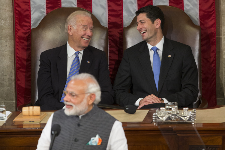 Joe Biden and Paul Ryan laughed yesterday as Indian Prime Minister Narendra Modi addressed&nbsp;a joint meeting of Congress.&nbsp;(AP Photo/Evan Vucci)</p>  