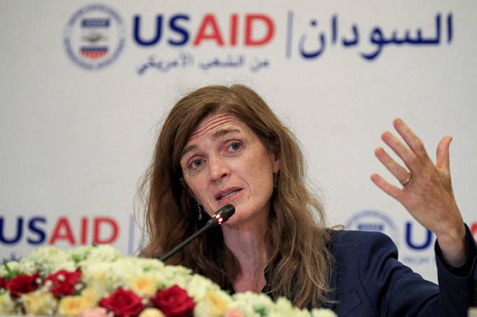 Samantha Power, Administrator of the United States Agency for International Development, speaks at a hotel in Sudan's capital Khartoum on August 3. (Photo by ASHRAF SHAZLY / AFP)&nbsp;
