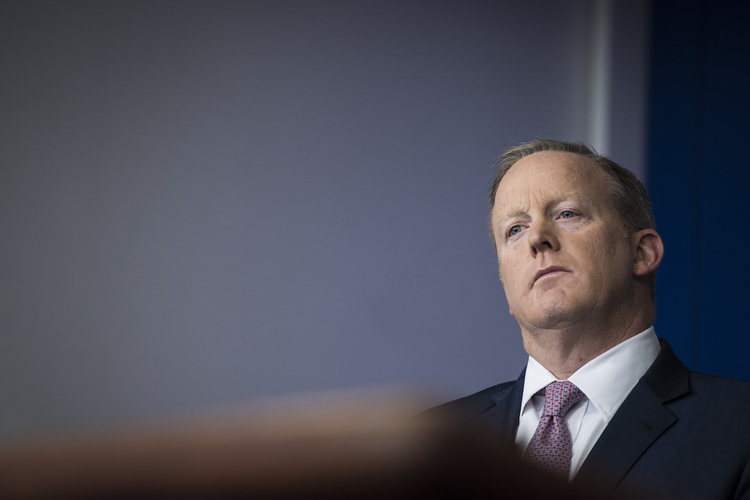 Sean Spicer prepares to address the press last Friday, as Trump refused to publicly commit to keeping him on.&nbsp;(Jabin Botsford/The Washington Post)</p>  