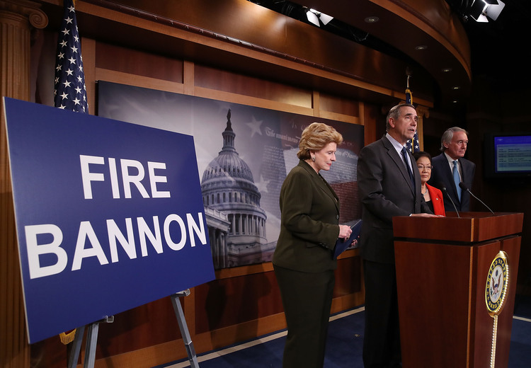 Sen. Jeff Merkley, Debbie Stabenow, Mazie Hirono and Edward Markey called&nbsp;on Trump to fire Stephen Bannon, (Mark Wilson/Getty Images)</p>  