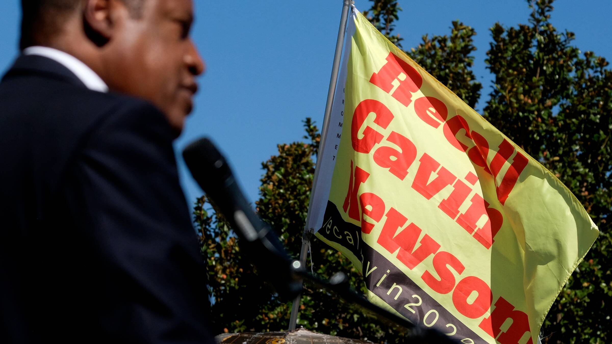 Republican conservative radio show host Larry Elder speaks at a rally as he tries to become California's next governor. (Ringo H.W. Chiu/AP)