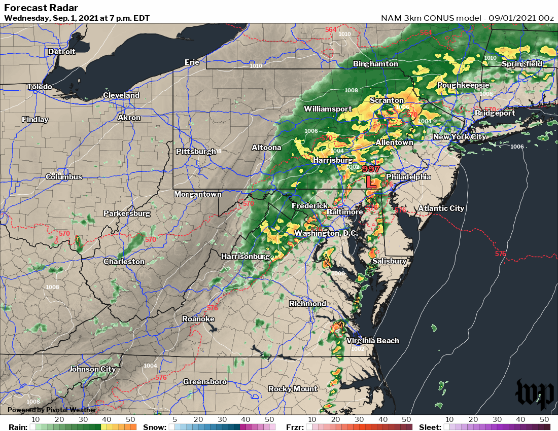Simulated radar at 7 p.m. Wednesday from the high-resolution NAM model.