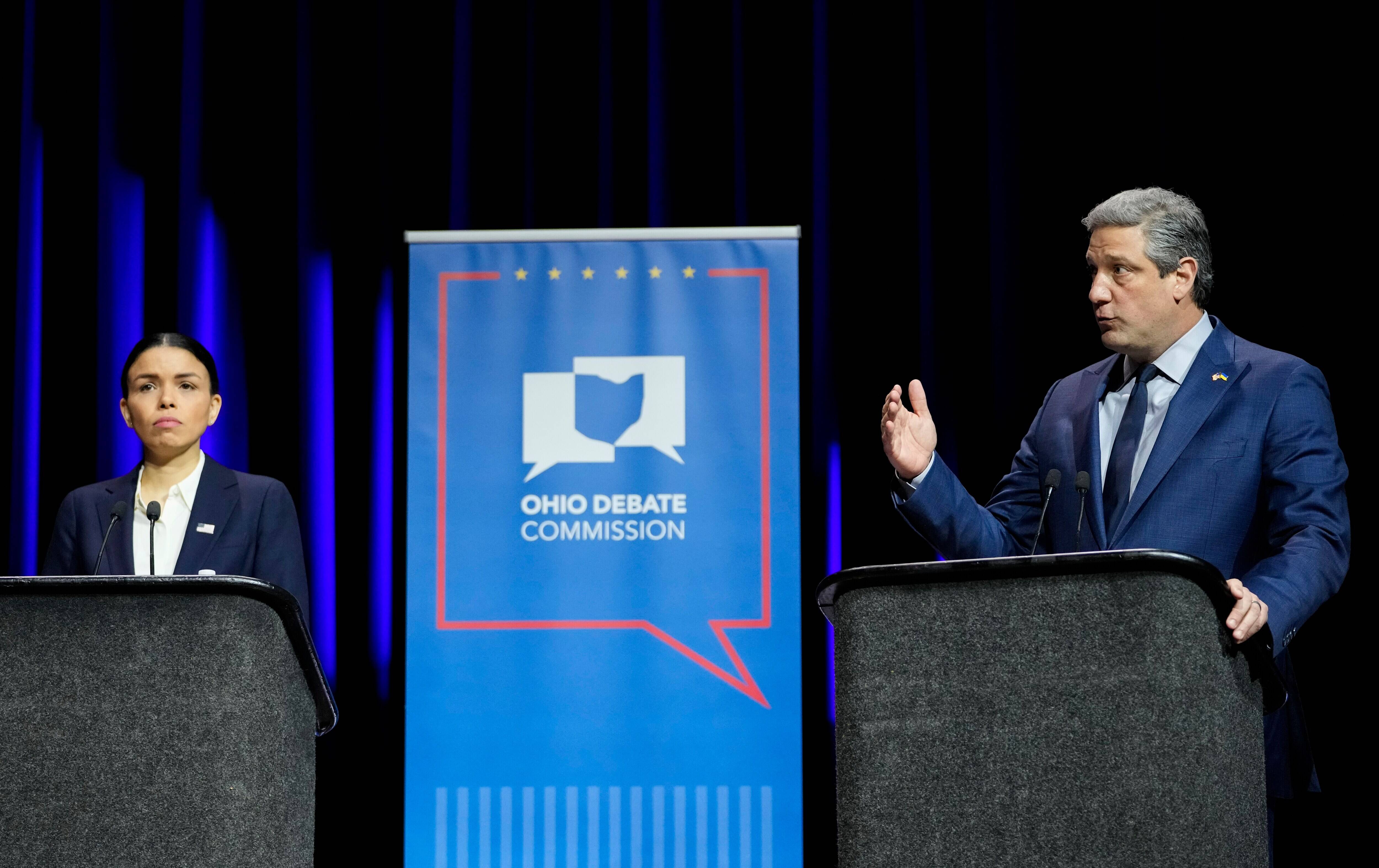 Democratic candidates for Ohio's U.S. Senate seat – Rep. Tim Ryan and Morgan Harper, at a Democratic primary debate on Monday at Central State University in Wilberforce, Ohio. (Joshua A. Bickel/The Columbus Dispatch via AP)