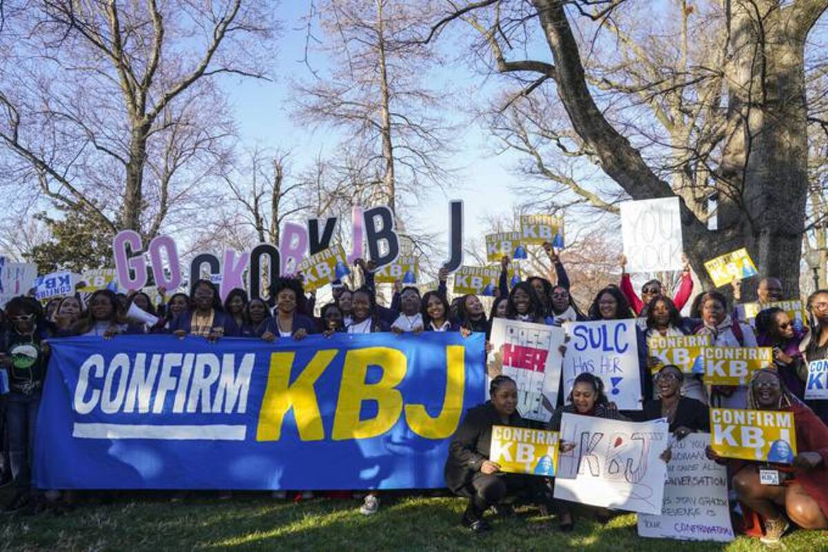 Southern University Law Center students pose for a photo near the U.S. Captiol while celebrating the confirmation hearings for Supreme Court Justice nominee Ketanji Brown Jackson on Monday. (Leigh Vogel/Getty Images for Demand Justice)