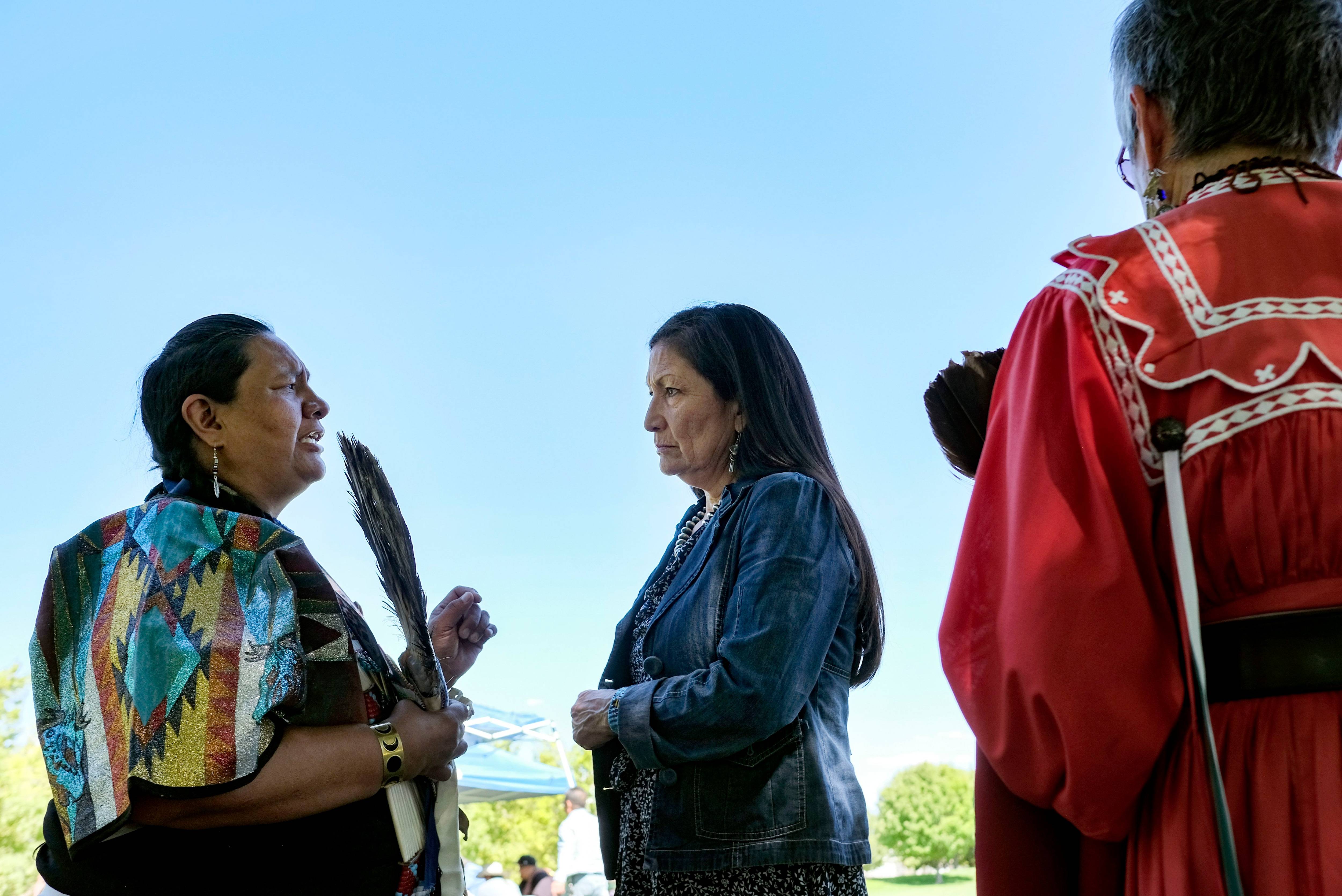 Joann Spotted Bear speaks with Deb Haaland, right, during a September 2018 campaign event in Albuquerque. (Bonnie Jo Mount/The Washington Post)