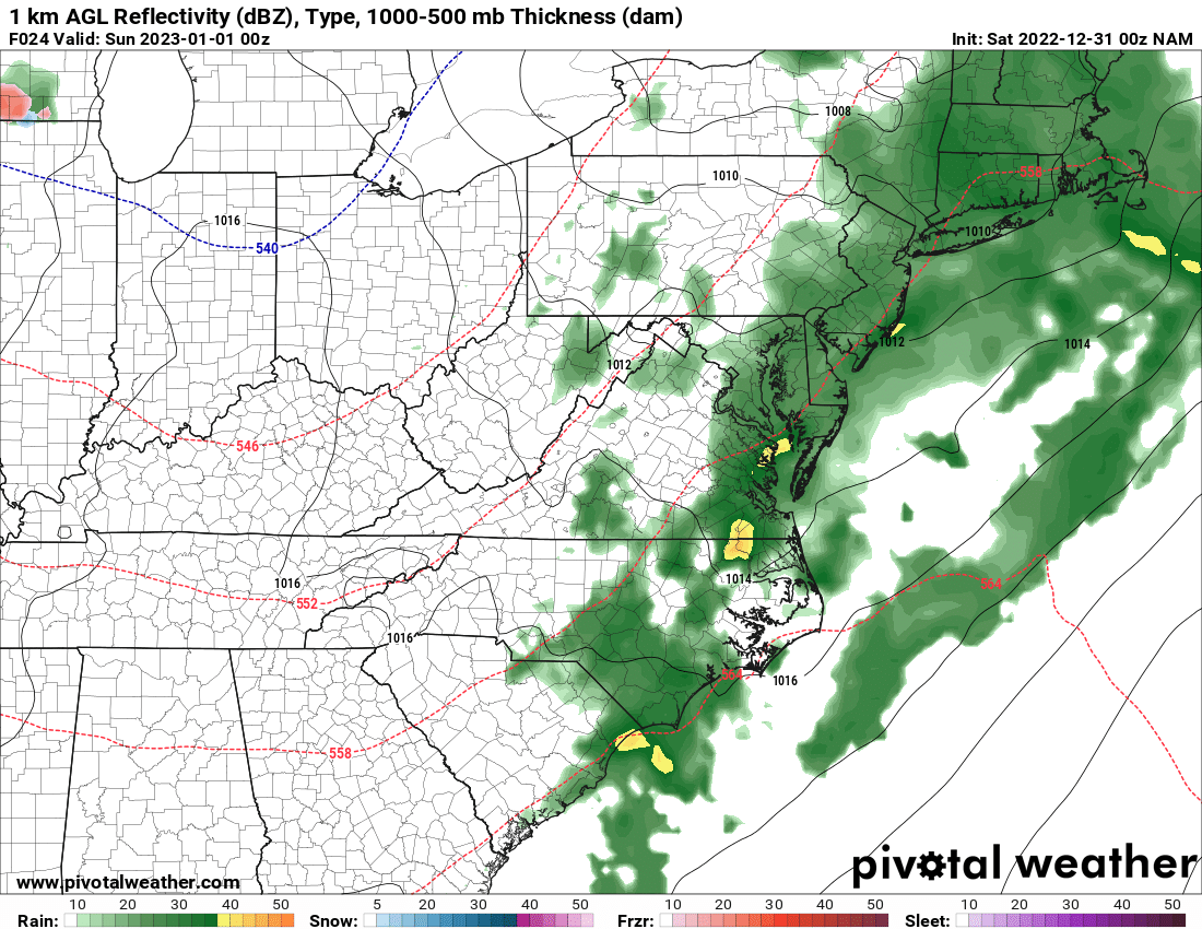 The back edge of steadier precipitation is forecast to be in the area around 7 p.m. (Pivotal Weather) (NWS)