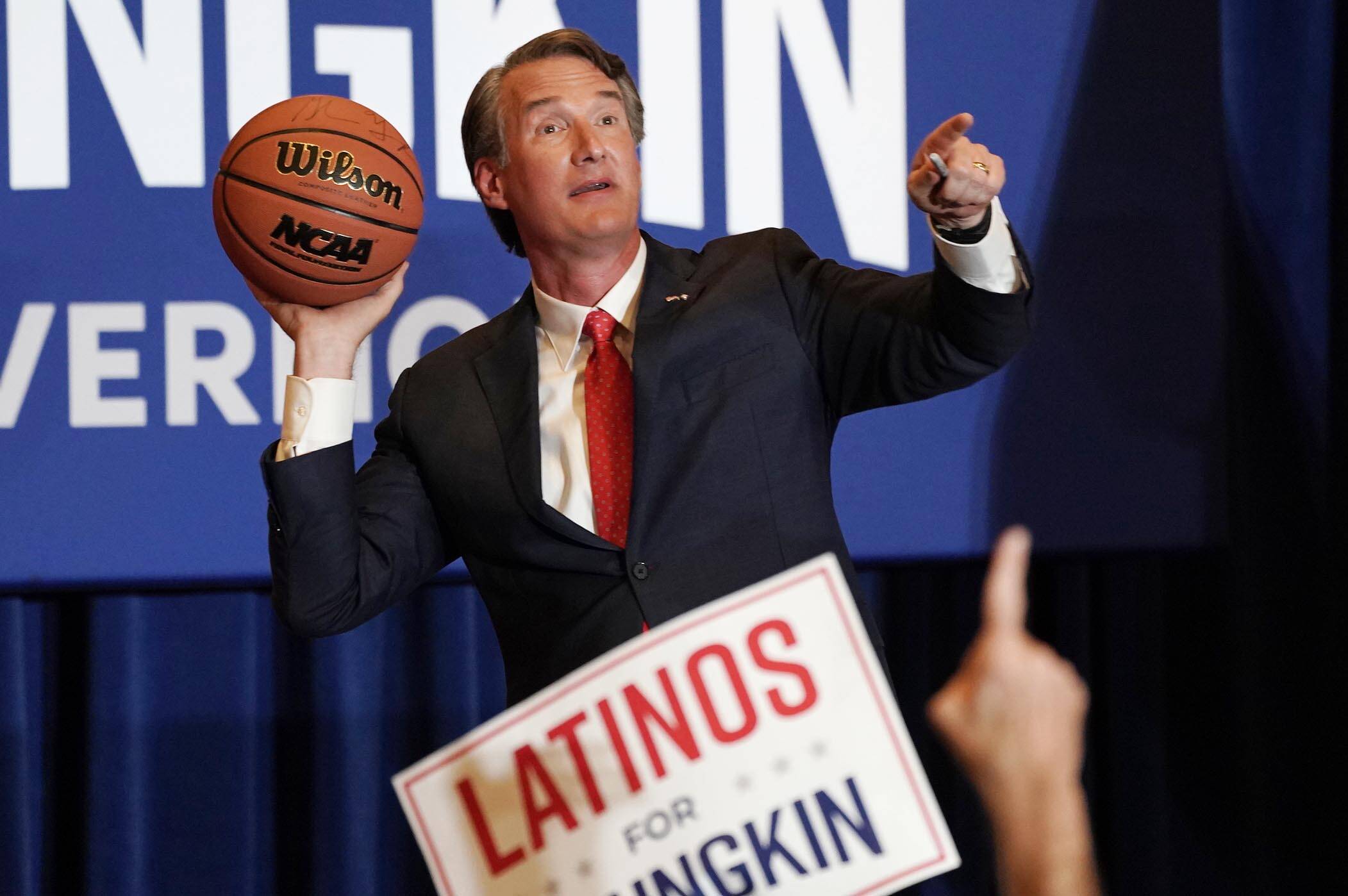 Virginia Republican candidate Glenn Youngkin celebrates Wednesday. (Salwan Georges/The Washington Post)
