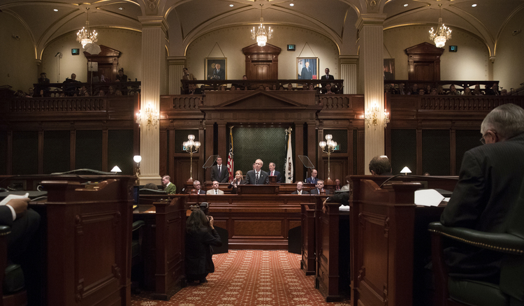 Bruce Rauner delivers his State of the State address in Springfield this January. (Ted Schurter/The State Journal-Register via AP)</p>