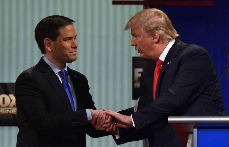 Donald Trump and Marco Rubio after the January debate in South Carolina.&nbsp;(Timothy A. Clary/AFP/Getty Images)</p>  