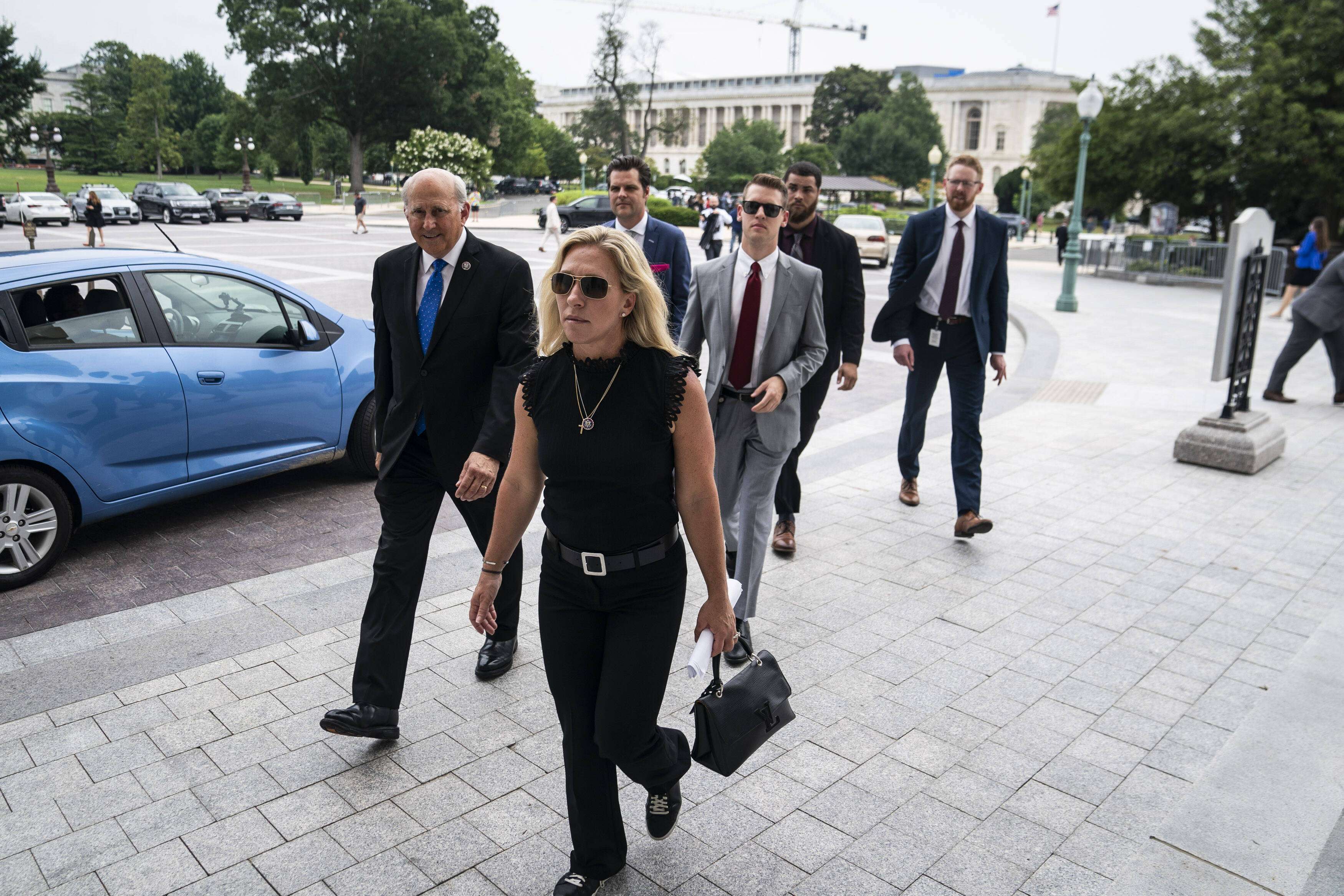 Rep. Marjorie Taylor Greene (R-Ga.) and other Republican lawmakers tried to protest jailed Jan. 6 defendants this summer. (Jabin Botsford/The Washington Post)