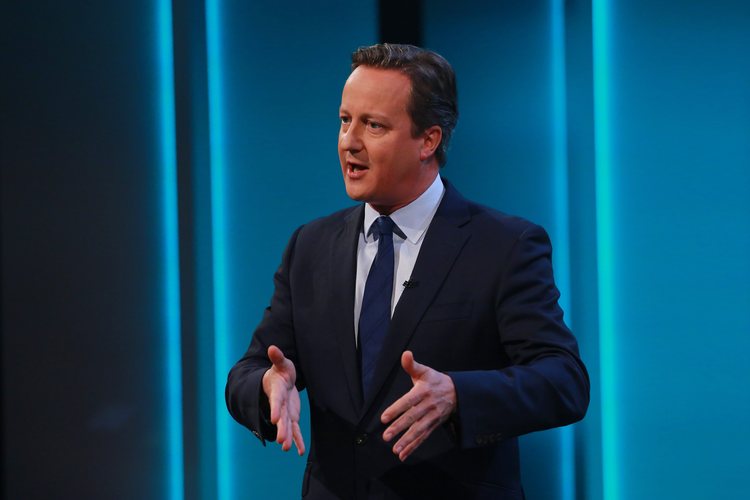 British Prime Minister David Cameron speaks during a televised debate last night on the EU Referendum.&nbsp;Britons will vote in a June 23 referendum on whether to stay or leave the European Union. (Handout)</p>  